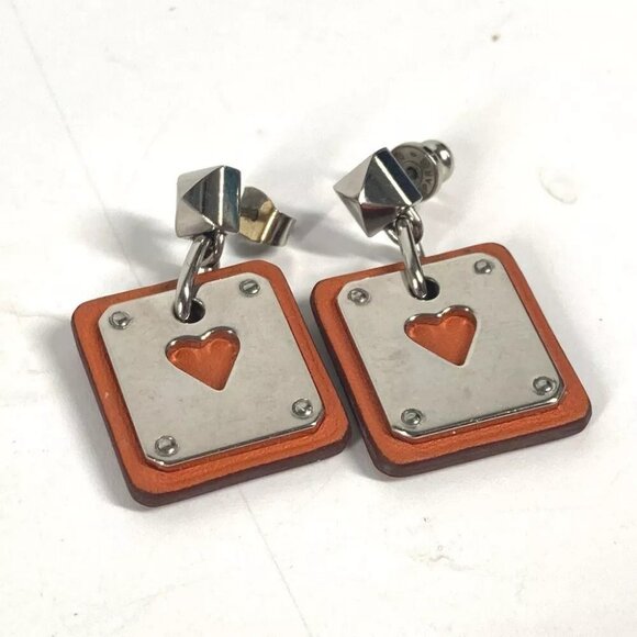 HERMES heart Asdukour PM Accessories Pierce Metal / Leather Silver/Orange Based - Picture 1 of 7
